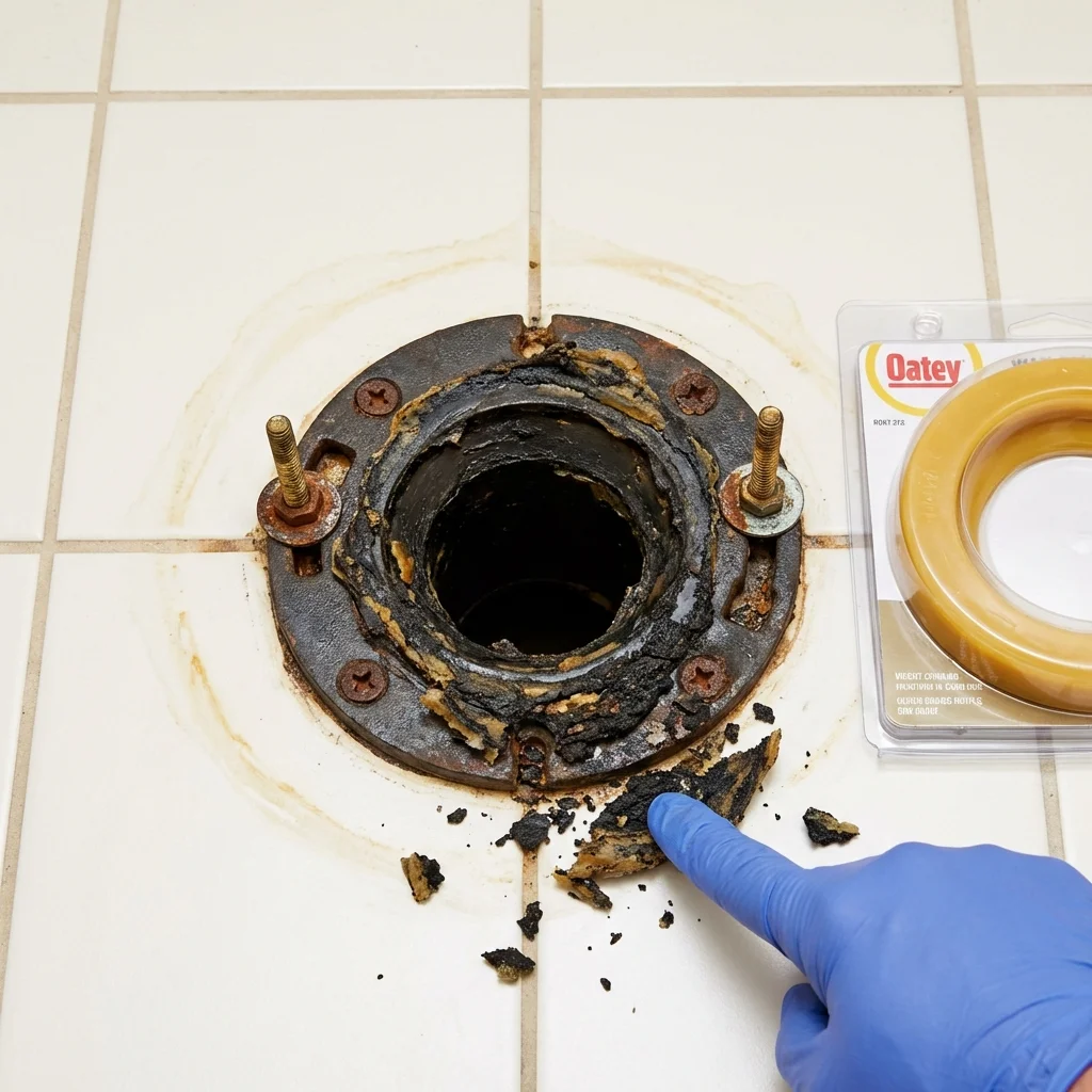 Failed wax ring showing water seepage at the base of a toilet in a Elwood, IL home
