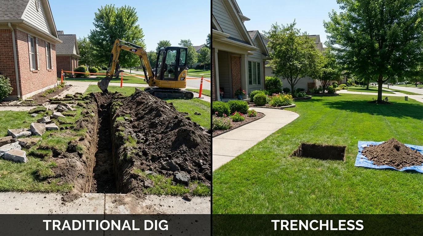 Trenchless sewer repair with minimal yard damage versus traditional excavation in Elwood, IL