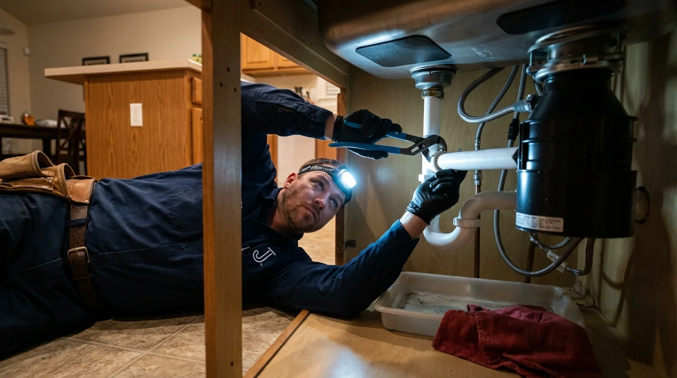 P-trap and supply line connections under a kitchen sink showing a common leak point in Elwood, IL